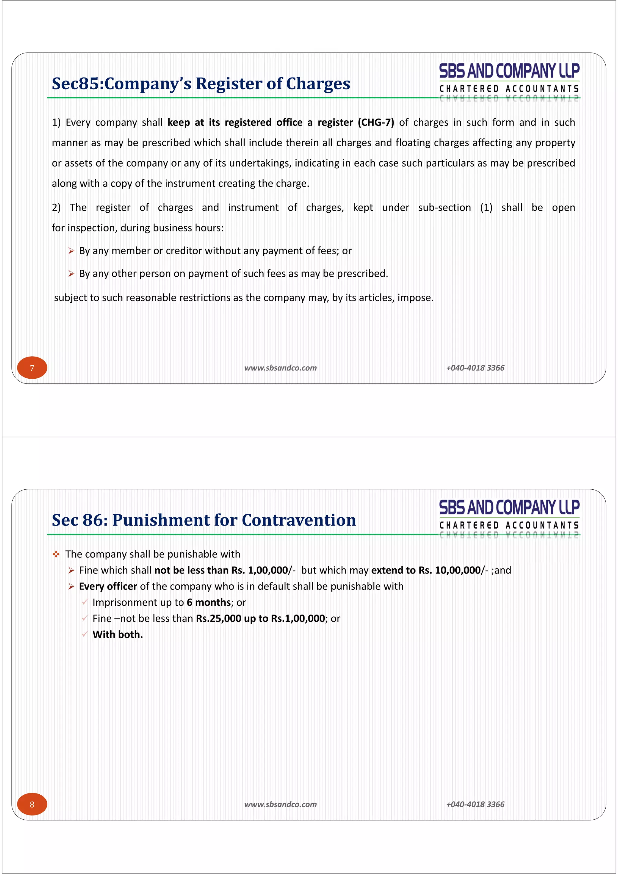 7
1) Every company shall keep at its registered office a register (CHG‐7) of charges in such form and in such
manner as may be prescribed which shall include therein all charges and floating charges affecting any property
or assets of the company or any of its undertakings, indicating in each case such particulars as may be prescribed
along with a copy of the instrument creating the charge.
2) The register of charges and instrument of charges, kept under sub‐section (1) shall be open
for inspection, during business hours:
 By any member or creditor without any payment of fees; or
 By any other person on payment of such fees as may be prescribed.
subject to such reasonable restrictions as the company may, by its articles, impose.
Sec85:Company’s	Register	of	Charges
www.sbsandco.com                +040‐4018 3366 
8
 The company shall be punishable with 
 Fine which shall not be less than Rs. 1,00,000/‐ but which may extend to Rs. 10,00,000/‐ ;and 
 Every officer of the company who is in default shall be punishable with 
 Imprisonment up to 6 months; or 
 Fine –not be less than Rs.25,000 up to Rs.1,00,000; or 
 With both.
Sec	86:	Punishment	for	Contravention	
www.sbsandco.com                +040‐4018 3366 
 