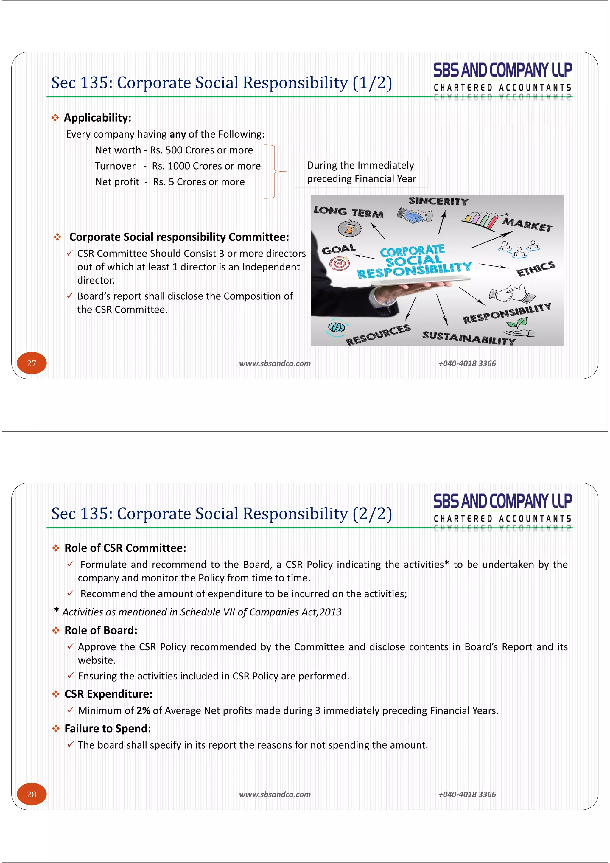 www.sbsandco.com                +040‐4018 3366 27
 Applicability:
Every company having any of the Following:
Net worth ‐ Rs. 500 Crores or more
Turnover   ‐ Rs. 1000 Crores or more 
Net profit  ‐ Rs. 5 Crores or more
 Corporate Social responsibility Committee:
 CSR Committee Should Consist 3 or more directors 
out of which at least 1 director is an Independent 
director.
 Board’s report shall disclose the Composition of 
the CSR Committee.
Sec 135: Corporate Social Responsibility (1/2)
During the Immediately 
preceding Financial Year
www.sbsandco.com                +040‐4018 3366 28
 Role of CSR Committee:
 Formulate and recommend to the Board, a CSR Policy indicating the activities* to be undertaken by the
company and monitor the Policy from time to time.
 Recommend the amount of expenditure to be incurred on the activities;
* Activities as mentioned in Schedule VII of Companies Act,2013
 Role of Board:
 Approve the CSR Policy recommended by the Committee and disclose contents in Board’s Report and its
website.
 Ensuring the activities included in CSR Policy are performed.
 CSR Expenditure:
 Minimum of 2% of Average Net profits made during 3 immediately preceding Financial Years.
 Failure to Spend:
 The board shall specify in its report the reasons for not spending the amount.
Sec 135: Corporate Social Responsibility (2/2)
 