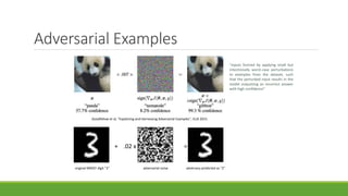 Adversarial Examples
Goodfellow et al, "Explaining and Harnessing Adversarial Examples", ICLR 2015.
adversary predicted as "2"original MNIST digit "3"
+ .02 x =
adversarial noise
"inputs formed by applying small but
intentionally worst-case perturbations
to examples from the dataset, such
that the perturbed input results in the
model outputting an incorrect answer
with high confidence"
 