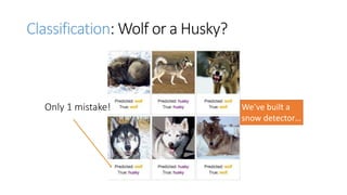 Only 1 mistake!
Classification: Wolf or a Husky?
We’ve built a
snow detector…
 