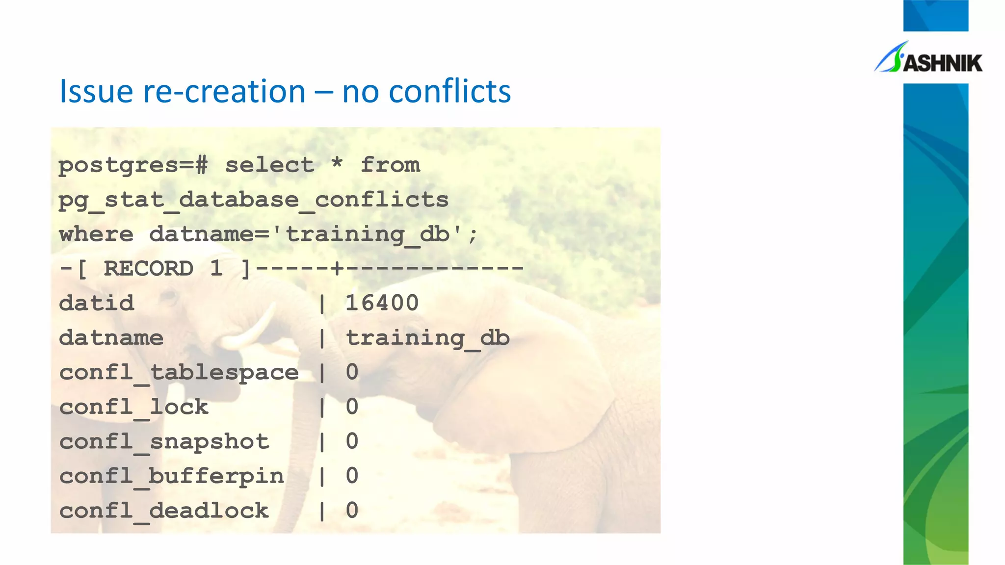Issue re-creation – no conflicts
postgres=# select * from
pg_stat_database_conflicts
where datname='training_db';
-[ RECORD 1 ]-----+------------
datid | 16400
datname | training_db
confl_tablespace | 0
confl_lock | 0
confl_snapshot | 0
confl_bufferpin | 0
confl_deadlock | 0
 