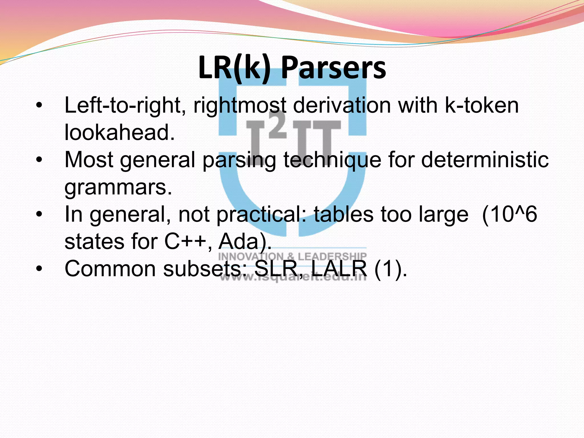 LR(k) Parsers
• Left-to-right, rightmost derivation with k-token
lookahead.
• Most general parsing technique for deterministic
grammars.
• In general, not practical: tables too large (10^6
states for C++, Ada).
• Common subsets: SLR, LALR (1).
 