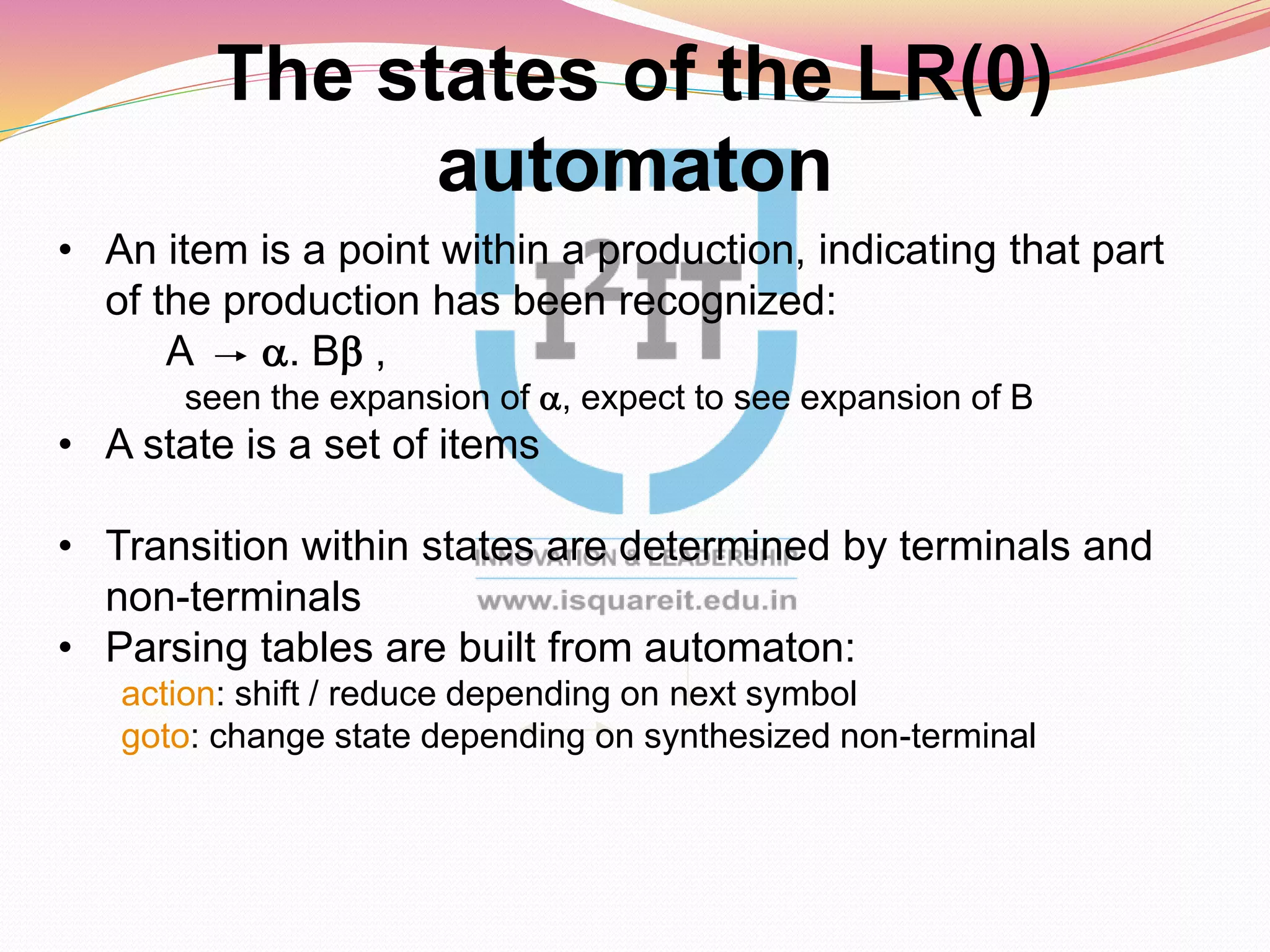 The states of the LR(0)
automaton
• An item is a point within a production, indicating that part
of the production has been recognized:
A a. Bb ,
seen the expansion of a, expect to see expansion of B
• A state is a set of items
• Transition within states are determined by terminals and
non-terminals
• Parsing tables are built from automaton:
action: shift / reduce depending on next symbol
goto: change state depending on synthesized non-terminal
 