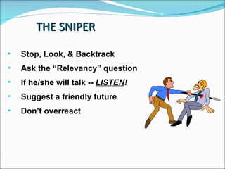 THE SNIPER <ul><li>Stop, Look, & Backtrack </li></ul><ul><li>Ask the “Relevancy” question </li></ul><ul><li>If he/she will...