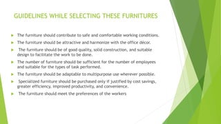GUIDELINES WHILE SELECTING THESE FURNITURES
? The furniture should contribute to safe and comfortable working conditions.
? The furniture should be attractive and harmonize with the office dcor.
? The furniture should be of good quality, solid construction, and suitable
design to facilitate the work to be done.
? The number of furniture should be sufficient for the number of employees
and suitable for the types of task performed.
? The furniture should be adaptable to multipurpose use wherever possible.
? Specialized furniture should be purchased only if justified by cost savings,
greater efficiency, improved productivity, and convenience.
? The furniture should meet the preferences of the workers
 