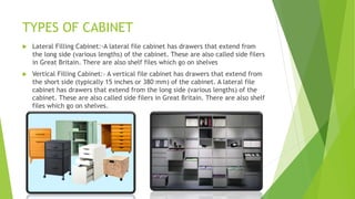 TYPES OF CABINET
? Lateral Filling Cabinet:-A lateral file cabinet has drawers that extend from
the long side (various lengths) of the cabinet. These are also called side filers
in Great Britain. There are also shelf files which go on shelves
? Vertical Filling Cabinet:- A vertical file cabinet has drawers that extend from
the short side (typically 15 inches or 380 mm) of the cabinet. A lateral file
cabinet has drawers that extend from the long side (various lengths) of the
cabinet. These are also called side filers in Great Britain. There are also shelf
files which go on shelves.
 