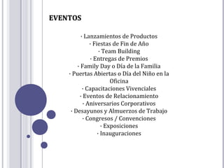 EVENTOS

          · Lanzamientos de Productos
              · Fiestas de Fin de Año
                   · Team Building
              · Entregas de Premios
        · Family Day o Día de la Familia
    · Puertas Abiertas o Día del Niño en la
                        Oficina
           · Capacitaciones Vivenciales
         · Eventos de Relacionamiento
           · Aniversarios Corporativos
     · Desayunos y Almuerzos de Trabajo
           · Congresos / Convenciones
                    · Exposiciones
                  · Inauguraciones
 