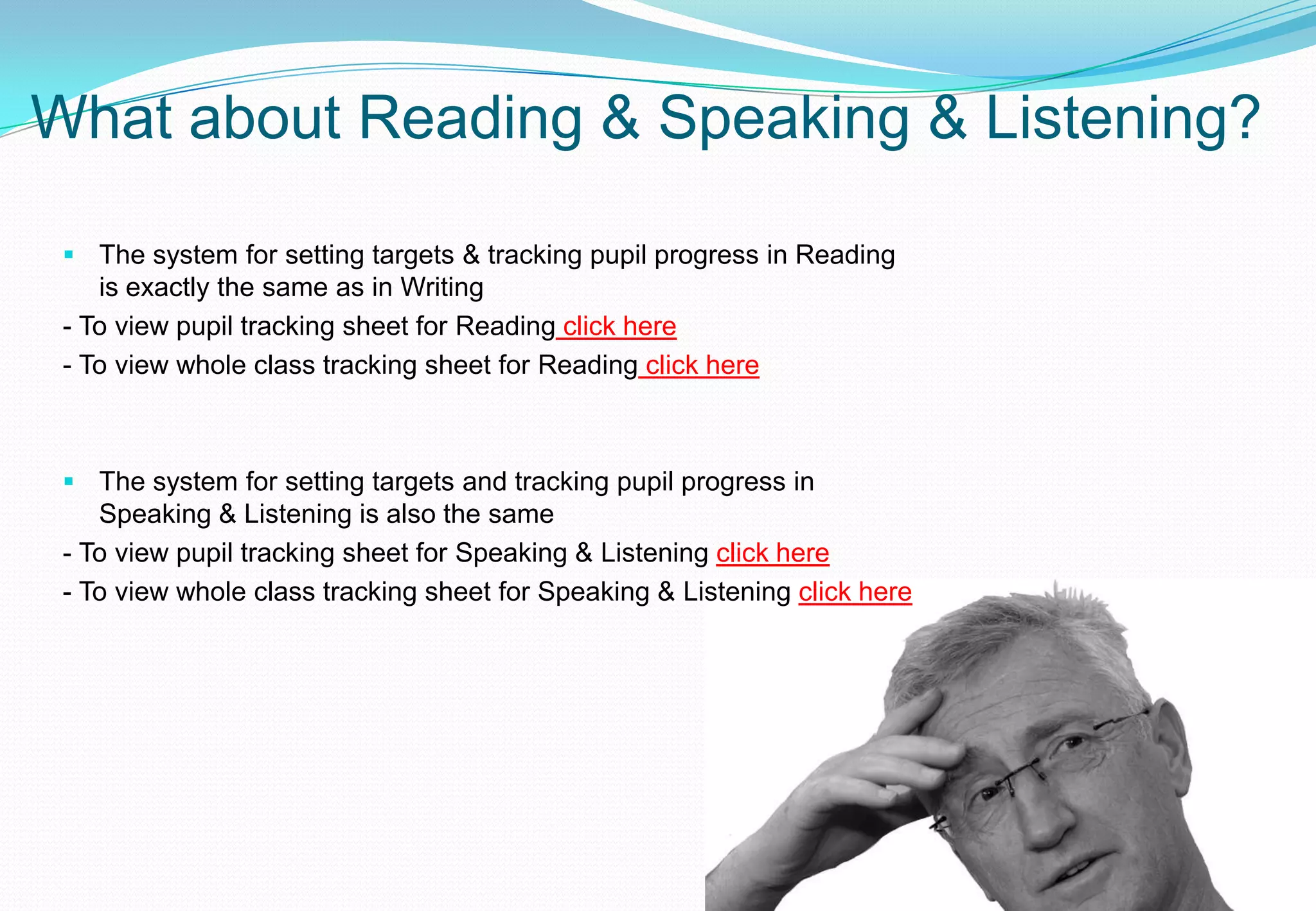 What about Reading & Speaking & Listening?

  The system for setting targets & tracking pupil progress in Reading
   is exactly the same as in Writing
 - To view pupil tracking sheet for Reading click here
 - To view whole class tracking sheet for Reading click here



  The system for setting targets and tracking pupil progress in
   Speaking & Listening is also the same
 - To view pupil tracking sheet for Speaking & Listening click here
 - To view whole class tracking sheet for Speaking & Listening click here
 