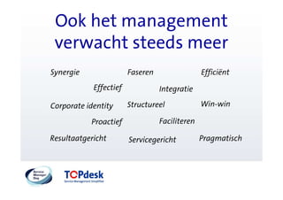 Ook het management
 verwacht steeds meer
Synergie                Faseren                 Efficiënt
            Effectief             Integratie

Corporate identity      Structureel             Win-win

           Proactief              Faciliteren

Resultaatgericht        Servicegericht          Pragmatisch
 