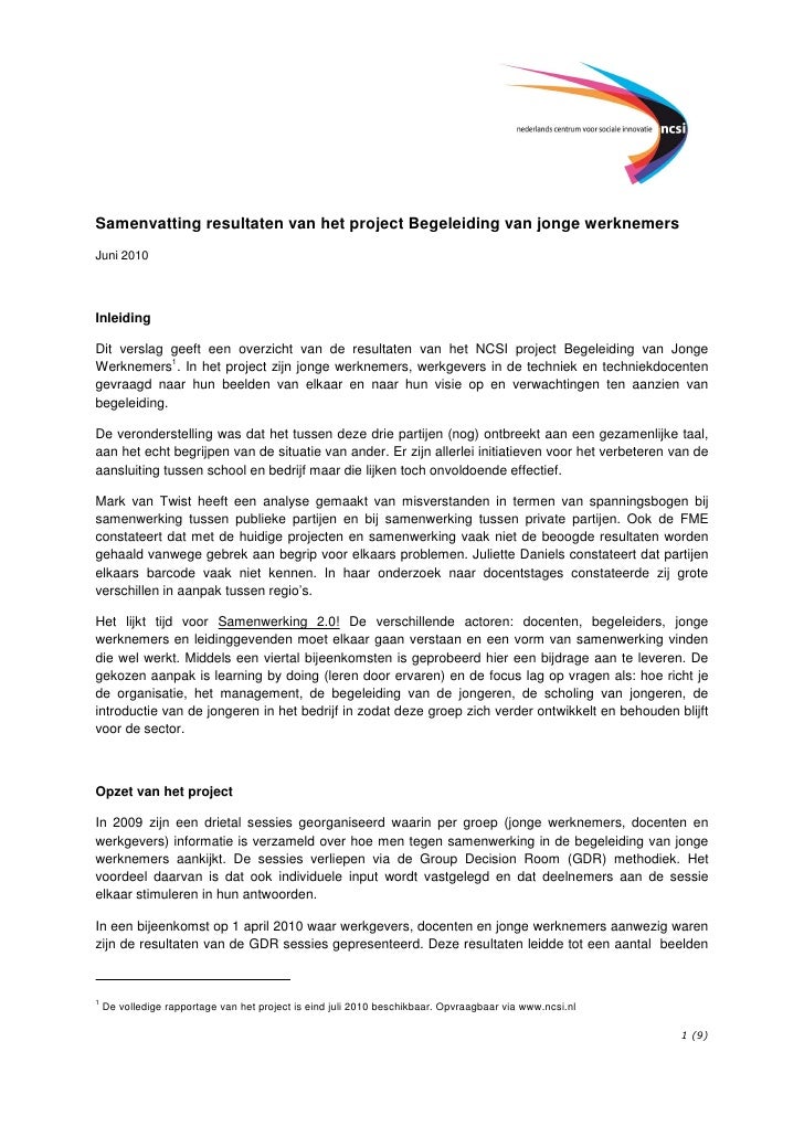 Samenvatting resultaten project begeleiding van jonge werknemers