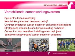 Spinn-off uit kennisinstelling Kennisinkoop met een bestaand bedrijf Contract onderzoek tussen bedrijven en kennisinstelling(en) Strategische alliantie tussen kennisinstelling en bedrijf Consortium van meerdere instellingen en bedrijven Samenwerkingsverband tussen bedrijven onderling Verschillende samenwerkingsvormen 