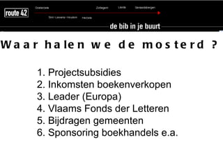W a a r h a le n w e d e m o s t e r d ?

      1. Projectsubsidies
      2. Inkomsten boekenverkopen
      3. Leader (Europa)
      4. Vlaams Fonds der Letteren
      5. Bijdragen gemeenten
      6. Sponsoring boekhandels e.a.
 