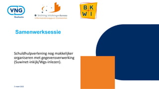 Samenwerksessie
Schuldhulpverlening nog makkelijker
organiseren met gegevensverwerking
(Suwinet-inkijk/Wgs-inlezen).
3 maart 2022
 