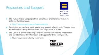 Resources and Support
 The Human Rights Campaign offers a multitude of different websites for
different families needs.
 http://www.hrc.org/resources/topic/parenting
 Family therapy can be a great way to help support a family unit. This can help
with children's coping skills or issues that might arise at school.
 The Center is a website to help same sex parents have healthy relationships
and provide them with information and support for their family needs.
 https://gaycenter.org/family-youth/family
 