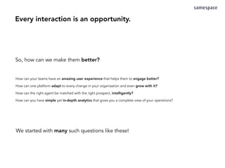 How can your teams have an amazing user experience that helps them to engage better?
How can one platform adapt to every change in your organisation and even grow with it?
How can the right agent be matched with the right prospect, intelligently?
How can you have simple yet in-depth analytics that gives you a complete view of your operations?
Every interaction is an opportunity.
So, how can we make them better?
We started with many such questions like these!
 