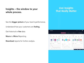 Insights – the window to your
whole process.
See the bigger picture of your team’s performance.
Understand how your customers are feeling.
Get historical or live data.
Macro to Micro Reporting.
Download reports for further analysis.
 