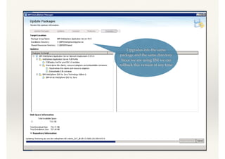 Upgrades into the same
package and the same directory
Since we are using IIM we can
rollback this version at any time
 