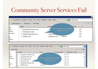 Community Server Services Fail
STCore.jar from 9.0.1 install
Only 4 Servlets
STCore.jar from 9.0 install
All 6 Servlets
 