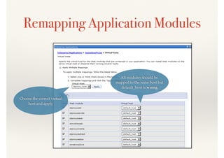 Remapping Application Modules
All modules should be
mapped to the same host but
default_host is wrong
Choose the correct virtual
host and apply
 