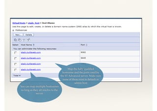 Map the fully qualiﬁed
hostname and the ports used by
the ST Advanced server. Make sure
none of these exist in default or
admin host
You can map multiple hostnames
so long as they all resolve to the
server
 