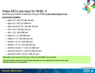 11 | © 2014 IBM Corporation
Video MCU pre-reqs for RHEL 5
Download and install the following 3rd party RPMs in the order below if not
previously installed:
■ — glibc-2.5-*.el5_9.5.x86_64.rpm
■ — glibc-2.5-*.el5_9.5.i386.rpm
■ — glibc-common-2.5-*.el5.x86_64.rpm
■ — zlib-1.2.3-*.el5.x86_64.rpm
■ — zlib-1.2.3-*.el5.i386.rpm
■ — libgcc-4.1.2-*.el5.i386.rpm
■ — libgcc-4.1.2-*.el5.x86_64.rpm
■ — libstdc++-4.1.2-*.el5.i386.rpm
■ — libstdc++-4.1.2-*.el5.x86_64.rpm
■ — libxml2-2.6.26-2.1.*.el5_9.2.i386.rpm
■ — libxml2-2.6.26-2.1.*.el5_9.2.x86_64.rpm
■ — openssl-0.9.8e-*.el5_9.1.x86_64.rpm
■ — openssl-0.9.8e-*.el5_9.1.i386.rpm
■ — mailcap-2.1.23-*.fc6.rpm
Depending on the specific environment, other 3rd party RPMs may be needed.
Any minor release versions is the 3rd party dependencies are supported, but more recent major
release versions are not supported.
 