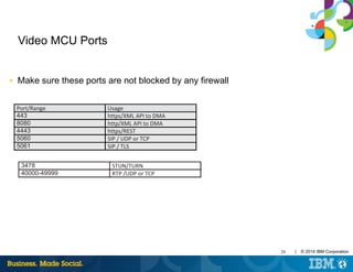 20 | © 2014 IBM Corporation
Video MCU Ports
■ Make sure these ports are not blocked by any firewall
Port/Range Usage
443 https/XML API to DMA
8080 http/XML API to DMA
4443 https/REST
5060 SIP / UDP or TCP
5061 SIP / TLS
3478 STUN/TURN
40000-49999 RTP /UDP or TCP
 