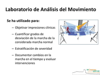 Laboratorio de Análisis del Movimiento
Se ha utilizado para:
– Objetivar impresiones clínicas
– Cuantificar grados de
desviación de la marcha de la
considerada marcha normal
– Estratificación de severidad
– Documentar cambios en la
marcha en el tiempo y evaluar
intervenciones
 