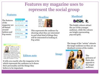 Features my magazine uses to
represent the social group
Features
The features
of the
magazine are
all baised
around
fashion and
Pop music.

Masthead

Headline

This represents the audience by
showing what they are interested
in and what kind of things they
will be interested in looking at.
Pop artist.

The bright colours attract
the eye of the younger
audience, while the colours
are bright representing
pop and girly.

The image of the “artists” attracts
the target audience as they are an
idealised version of the reader.

Editors note
It tells you exactly who the magazine is for
which represents the audience as it shows
their personality and the things they
believe to be important.

Image

The
girlyness of
them also
appeals to
the target
audience.

 