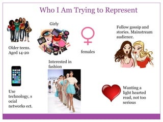 Who I Am Trying to Represent
Girly

Older teens.
Aged 14-20

Follow gossip and
stories. Mainstream
audience.

females
Interested in
fashion

Use
technology, s
ocial
networks ect.

Wanting a
light hearted
read, not too
serious

 