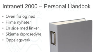 Intranett 2000 – Personal Håndbok
• Oven fra og ned
• Firma nyheter
• En side med linker
• Skjema &prosedyrer
• Oppslagsverk
 