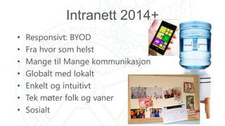 Intranett 2014+
• Responsivt: BYOD
• Fra hvor som helst
• Mange til Mange kommunikasjon
• Globalt med lokalt
• Enkelt og intuitivt
• Tek møter folk og vaner
• Sosialt
 