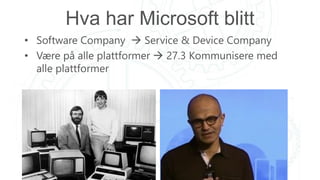 Hva har Microsoft blitt
• Software Company  Service & Device Company
• Være på alle plattformer  27.3 Kommunisere med
alle plattformer
 