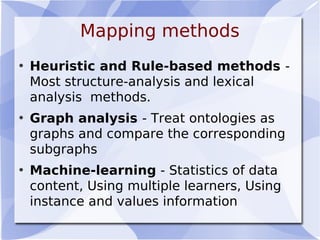 Mapping methods
• Heuristic and Rule-based methods -
Most structure-analysis and lexical
analysis methods.
• Graph analysis - Treat ontologies as
graphs and compare the corresponding
subgraphs
• Machine-learning - Statistics of data
content, Using multiple learners, Using
instance and values information
 