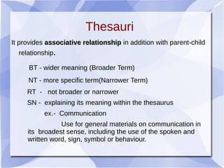 It provides associative relationshipassociative relationship in addition with parent-child
relationship.
BT - wider meaning (Broader Term)
NT - more specific term(Narrower Term)
RT - not broader or narrower
SN - explaining its meaning within the thesaurus
ex.- Communication
Use for general materials on communication in
its broadest sense, including the use of the spoken and
written word, sign, symbol or behaviour.
Thesauri
 