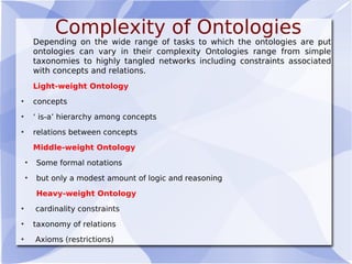 Complexity of Ontologies
Depending on the wide range of tasks to which the ontologies are put
ontologies can vary in their complexity Ontologies range from simple
taxonomies to highly tangled networks including constraints associated
with concepts and relations.
Light-weight Ontology
• concepts
• ‘ is-a’ hierarchy among concepts
• relations between concepts
Middle-weight Ontology
●
Some formal notations
●
but only a modest amount of logic and reasoning
Heavy-weight Ontology
• cardinality constraints
• taxonomy of relations
• Axioms (restrictions)
 
