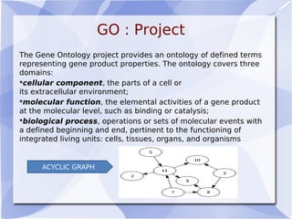GO : Project
The Gene Ontology project provides an ontology of defined terms
representing gene product properties. The ontology covers three
domains:
cellular component, the parts of a cell or
its extracellular environment;
molecular function, the elemental activities of a gene product
at the molecular level, such as binding or catalysis;
biological process, operations or sets of molecular events with
a defined beginning and end, pertinent to the functioning of
integrated living units: cells, tissues, organs, and organisms
ACYCLIC GRAPH
 