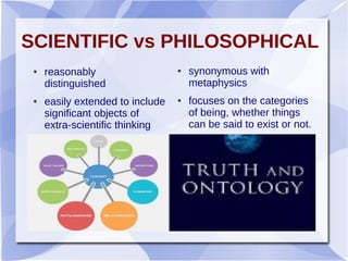 SCIENTIFIC vs PHILOSOPHICAL
● reasonably
distinguished
● easily extended to include
significant objects of
extra-scientific thinking
● synonymous with
metaphysics
● focuses on the categories
of being, whether things
can be said to exist or not.
 
