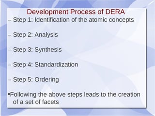Development Process of DERA
– Step 1: Identification of the atomic concepts
– Step 2: Analysis
– Step 3: Synthesis
– Step 4: Standardization
– Step 5: Ordering
●
Following the above steps leads to the creation
of a set of facets
 