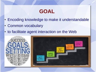 GOAL
● Encoding knowledge to make it understandable
● Common vocabulary
● to facilitate agent interaction on the Web
 