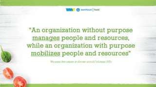 “An organization without purpose
manages people and resources,
while an organization with purpose
mobilizes people and resources”
Whypurposedriven companies are often more successful,FastCompany (2015)
 