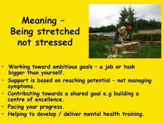 Meaning –
   Being stretched
    not stressed

• Working toward ambitious goals – a job or task
  bigger than yourself.
• Support is based on reaching potential – not managing
  symptoms.
• Contributing towards a shared goal e.g building a
  centre of excellence.
• Pacing your progress.
• Helping to develop / deliver mental health training.
 