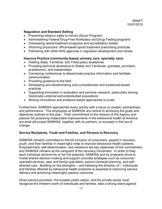 DRAFT
                                                                              10/01/2010

   Regulation and Standard Setting
   • Preventing tobacco sales to minors (Synar Program)
   • Administering Federal Drug-Free Workplace and Drug-Testing programs
   • Overseeing opioid treatment programs and accreditation bodies
   • Informing physicians’ office-based opioid treatment prescribing practices
   • Partnering with other HHS agencies in regulation development and review

   Improve Practice (community-based, primary care, specialty care)
   • Holding State, Territorial, and Tribal policy academies
   • Providing technical assistance to States and Territories, grantees, providers,
      practitioners, and stakeholders
   • Convening conferences to disseminate practice information and facilitate
      communication
   • Providing guidance to the field
   • Developing and disseminating core competencies and evidenced-based
      practices
   • Supporting innovation in evaluation and services research, particularly among
      historically underserved/understudied populations
   • Moving innovations and evidence based approaches to scale

Furthermore, SAMHSA approaches every activity with a focus on people, partnerships,
and performance. The employees at SAMHSA are central to achieving the goals and
objectives outlined in this plan. Their commitment to the mission of the Agency and
passion for producing measurable improvements in the behavioral health of America
are what will propel SAMHSA, together with its partners, to succeed in this era of
change.

Service Recipients, Youth and Families, and Persons in Recovery

SAMHSA remains committed to the full inclusion of consumers, people in recovery,
youth, and their families in meaningful roles to improve behavioral health systems.
Empowerment, self-determination, and resilience are key objectives of this commitment,
and SAMHSA remains at the vanguard of the recovery movement. In order to help
each individual achieve his or her full potential, SAMHSA and its programs strive to
model shared decision-making and support concrete strategies such as consumer-
operated services, peer and family specialists, person-centered planning, and self-
directed care. Building on the strengths -- and following the direction of -- individuals
and families affected by behavioral health problems is essential to improving service
delivery and achieving meaningful positive outcomes.

Direct service providers, the broader public sector, and the private sector must
recognize the inherent worth of individuals and families, take a strong stand against
                                            15
 