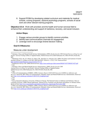 DRAFT
                                                                                                              10/01/2010

         6. Support PCBHI by developing related curriculum and materials for medical
            schools, nursing programs, doctoral psychology programs, schools of social
            work and other relevant training programs.

Objective 8.5.4: Work with providers and the health and human services field to
enhance their understanding and support of resilience, recovery, and social inclusion.

         Action Steps:

         1. Engage various provider groups to identify common priorities.
         2. Identify best communications channels for engagement
         3. Leverage work to encourage shared decision making.

     Goal 8.5 Measures:

     Measures under development
70
   Substance Abuse and Mental Health Services Administration. (2009). Results from the 2008 National Survey on Drug Use and
Health: National Findings (Office of Applied Studies, NSDUH Series H-36, HHS Publication No. SMA 09-4434). Rockville,
MD.
71
   Merikangas, K.R., He, J.P., Brody, D., Fisher, P.W., Bourdon, K., & Koretz, D.S. (2009). Prevalence and treatment of mental
disorders among U.S. children in the 2001 2004 NHANES. Pediatrics, 125(1), 75-81. Retrieved from
http://pediatrics.aappublications.org/cgi/reprint/125/1/75
72
   Healthstyles Survey CDC (2006) Retrieved from: https://store.samhsa.gov/shin/content/SMA07-4257/SMA07-4257.pdf
73
   Ibid
74
   Substance Abuse and Mental Health Services Administration. (2009). Results from the 2008
National Survey on Drug Use and Health: National Findings (Office of Applied Studies,
NSDUH Series H-36, HHS Publication No. SMA 09-4434). Rockville, MD.
75
   Ibid
76
   Office of Communications, SAMHSA. (2008). Summary Report CARAVAN® Survey for SAMHSA on Addictions and
Recovery. Rockville, MD: Office of Communications, Substance Abuse and Mental Health Services Administration. Retrieved
from http://www.samhsa.gov/attitudes/CARAVAN_LongReport.pdf
77
   Ibid
78
   Ibid
79
   Survey Research Laboratory, University of Illinois at Chicago, The National Center on Addiction and Substance Abuse at
Columbia University. (2000). Missed opportunity: National survey of primary care physicians and patients on substance abuse.
Retrieved from http://www.casacolumbia.org/templates/publications_reports.aspx?keywords=2000
80
   Office of Communications, SAMHSA. (2008). Summary Report CARAVAN® Survey for SAMHSA on Addictions and
Recovery. Rockville, MD: Office of Communications, Substance Abuse and Mental Health Services Administration. Retrieved
from http://www.samhsa.gov/attitudes/CARAVAN_LongReport.pdf




                                                             94
 