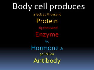 Body cell produces
1 lack 40 thousand
Protein
65 thousand
Enzyme
65
Hormone &
30Trillion
Antibody
 
