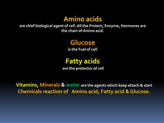 Amino acids
are chief biological agent of cell. All the Protein, Enzyme, Hormones are
the chain of Amino acid.
Glucose
is the Fuel of cell.
Fatty acids
are the protector of cell
Vitamins, Minerals & water are the agents which keep attach & start
Chemicals reaction of Amino acid, Fatty acid & Glucose.
 