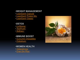 •WEIGHT MANAGEMENT
• LeanGard® Capsule
• LeanGard® Protein Mix
• LeanGard® Classic
•DETOX
• LivStrong™
• ToxiFlush™
• SoEazy™
•IMMUNE BOOST
• Curcumin Chewables
• Colostrum+
•WOMEN HEALTH
• Osteostrong®
• Cran Dm Plus™
 