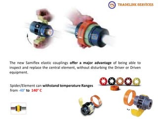 The new Samiflex elastic couplings offer a major advantage of being able to
inspect and replace the central element, without disturbing the Driver or Driven
equipment.
Spider/Element can withstand temperature Ranges
from -40° to 140° C
 