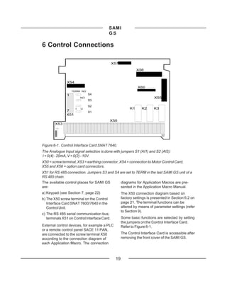 SAMI
                                           GS

6 Control Connections

                                              X57
                                                              X56


                  X54
                                                              X60
                      TERM NO
                  1             S3S4
                            NO                                           X55
                                S4S3
                                S1S2
                        I   U                            K1      K2      K3
               7                S2S1
               X51
                                            X50
        X53


              1
              1   2 3 4 5 6 7 8 9 1011 121314 151617 181920   212223   242526   32
                                                                                 272829



Figure 6-1. Control Interface Card SNAT 7640.
The Analogue Input signal selection is done with jumpers S1 (AI1) and S2 (AI2):
I = 0(4) - 20mA, V = 0(2) - 10V.
X50 = screw terminal, X53 = earthing connector, X54 = connection to Motor Control Card,
X55 and X56 = option card connectors.
X51 for RS 485 connection. Jumpers S3 and S4 are set to TERM in the last SAMI GS unit of a
RS 485 chain.
The available control places for SAMI GS            diagrams for Application Macros are pre-
are:                                                sented in the Application Macro Manual.
a) Keypad (see Section 7, page 22)                  The X50 connection diagram based on
b) The X50 screw terminal on the Control            factory settings is presented in Section 6.2 on
   Interface Card SNAT 7600/7640 in the             page 21. The terminal functions can be
   Control Unit.                                    altered by means of parameter settings (refer
                                                    to Section 9).
c) The RS 485 serial communication bus;
   terminals X51 on Control Interface Card.         Some basic functions are selected by setting
                                                    the jumpers on the Control Interface Card.
External control devices, for example a PLC         Refer to Figure 6-1.
or a remote control panel SACE 11 PAN,
are connected to the screw terminal X50             The Control Interface Card is accessible after
according to the connection diagram of              removing the front cover of the SAMI GS.
each Application Macro. The connection



                                               19
 
