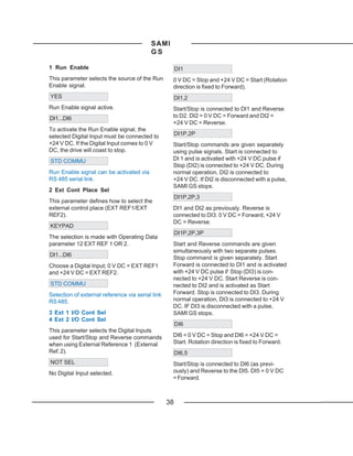SAMI
                                          GS

1 Run Enable                                           DI1
This parameter selects the source of the Run       0 V DC = Stop and +24 V DC = Start (Rotation
Enable signal.                                     direction is fixed to Forward).
YES                                                    DI1,2
Run Enable signal active.                          Start/Stop is connected to DI1 and Reverse
DI1...DI6                                          to D2. DI2 = 0 V DC = Forward and DI2 =
                                                   +24 V DC = Reverse.
To activate the Run Enable signal, the
selected Digital Input must be connected to            DI1P,2P
+24 V DC. If the Digital Input comes to 0 V        Start/Stop commands are given separately
DC, the drive will coast to stop.                  using pulse signals. Start is connected to
STD COMMU                                          DI 1 and is activated with +24 V DC pulse if
                                                   Stop (DI2) is connected to +24 V DC. During
Run Enable signal can be activated via             normal operation, DI2 is connected to
RS 485 serial link.                                +24 V DC. If DI2 is disconnected with a pulse,
                                                   SAMI GS stops.
2 Ext Cont Place Sel
                                                       DI1P,2P,3
This parameter defines how to select the
external control place (EXT REF1/EXT               DI1 and DI2 as previously. Reverse is
REF2).                                             connected to DI3. 0 V DC = Forward, +24 V
                                                   DC = Reverse.
KEYPAD
                                                       DI1P,2P,3P
The selection is made with Operating Data
parameter 12 EXT REF 1 OR 2.                       Start and Reverse commands are given
                                                   simultaneously with two separate pulses.
DI1...DI6
                                                   Stop command is given separately. Start
Choose a Digital Input; 0 V DC = EXT REF1          Forward is connected to DI1 and is activated
and +24 V DC = EXT REF2.                           with +24 V DC pulse if Stop (DI3) is con-
                                                   nected to +24 V DC. Start Reverse is con-
STD COMMU                                          nected to DI2 and is activated as Start
Selection of external reference via serial link    Forward. Stop is connected to DI3. During
RS 485.                                            normal operation, DI3 is connected to +24 V
                                                   DC. IF DI3 is disconnected with a pulse,
3 Ext 1 I/O Cont Sel                               SAMI GS stops.
4 Ext 2 I/O Cont Sel
                                                       DI6
This parameter selects the Digital Inputs
used for Start/Stop and Reverse commands           DI6 = 0 V DC = Stop and DI6 = +24 V DC =
when using External Reference 1 (External          Start. Rotation direction is fixed to Forward.
Ref. 2).                                               DI6,5
NOT SEL                                            Start/Stop is connected to DI6 (as previ-
No Digital Input selected.                         ously) and Reverse to the DI5. DI5 = 0 V DC
                                                   = Forward.



                                                  38
 