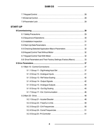 SAMI GS


           7.7 Keypad Control ........................................................................................ 28
           7.8 External Control ....................................................................................... 28
           7.9 Parameter Lock ....................................................................................... 29

START-UP
   8 Commissioning ................................................................................................... 29
           8.1 Safety Precautions................................................................................... 29
           8.2 Sequence of Operations ........................................................................... 30
           8.3 Installation Inspection .............................................................................. 31
           8.4 Start-Up Data Parameters ........................................................................ 31
           8.5 Checking Selected Application Macro Parameters ................................... 32
           8.6 Keypad Control Test Without Motor ......................................................... 32
           8.7 Keypad Control Test With Motor .............................................................. 32
           8.8 Drive Parameters and Their Factory Settings (Factory Macro). ................ 33
   9 Drive Parameters ................................................................................................ 37
           9.1 Main 10 - Control Connections ................................................................. 37
                    9.1.1 Group 11 - Dig/Analog Input Sel .................................................. 37
                    9.1.2 Group 12 - Analogue Inputs ......................................................... 41
                    9.1.3 Group 13 - Ref Value Scaling ...................................................... 42
                    9.1.4 Group 14 - Output Signals .......................................................... 42
                    9.1.5 Group 15 - Analogue Outputs ...................................................... 44
                    9.1.6 Group 16 - Out Sig Scaling ......................................................... 45
                    9.1.7 Group 17 - Ext. Communication .................................................. 46
           9.2 Main 20 - Drive ......................................................................................... 48
                    9.2.1 Group 21 - Acceler/Deceler ......................................................... 48
                    9.2.2 Group 22 - Freq/Cur Limits .......................................................... 49
                    9.2.3 Group 23 - Crit Frequencies ........................................................ 50
                    9.2.4 Group 24 - Const Frequencies .................................................... 51
                    9.2.5 Group 25 - PI-Controller .............................................................. 51




                                                          4
 